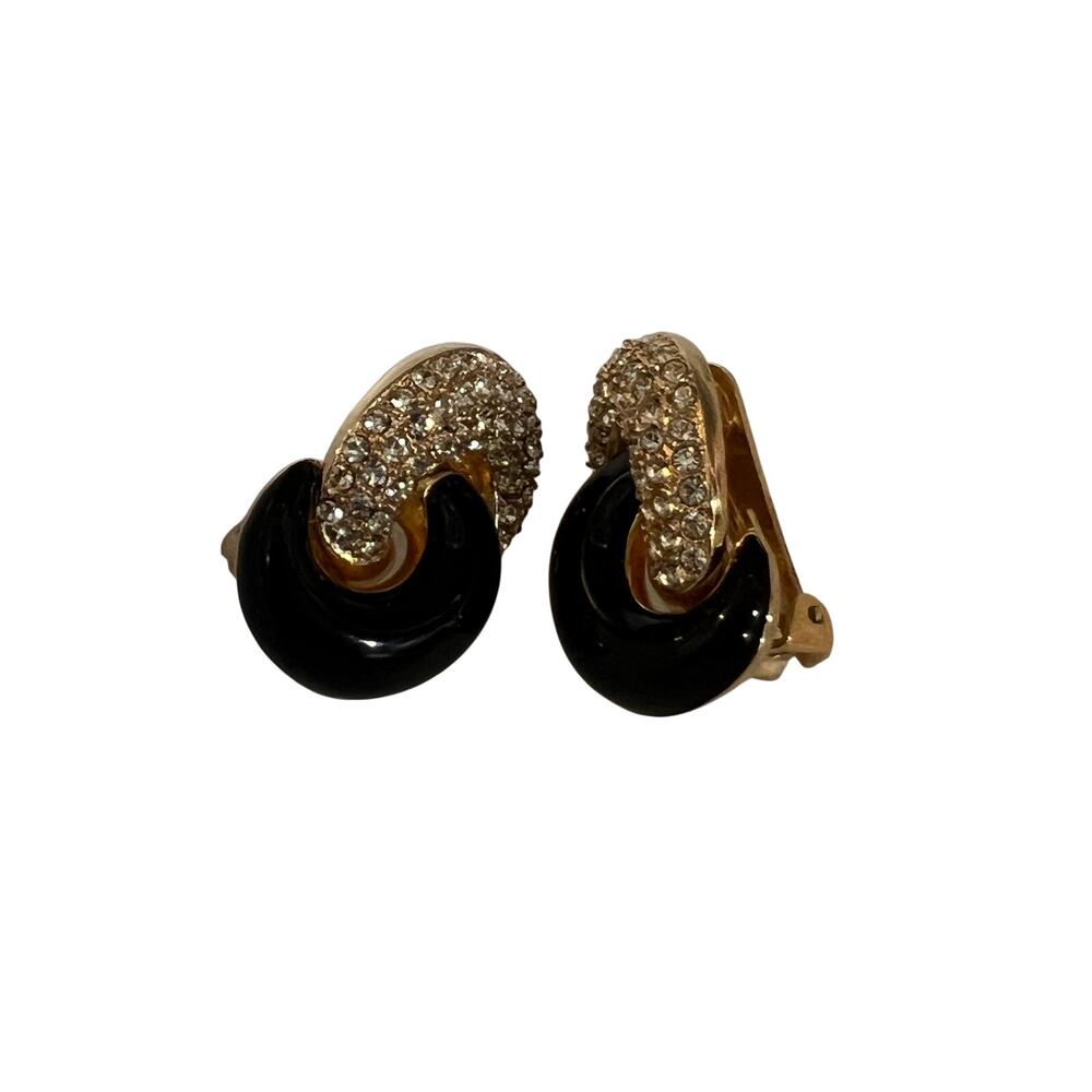 Signed Christian Dior Vintage Black Enamel Rhinestone Clip Earrings Gold Tone